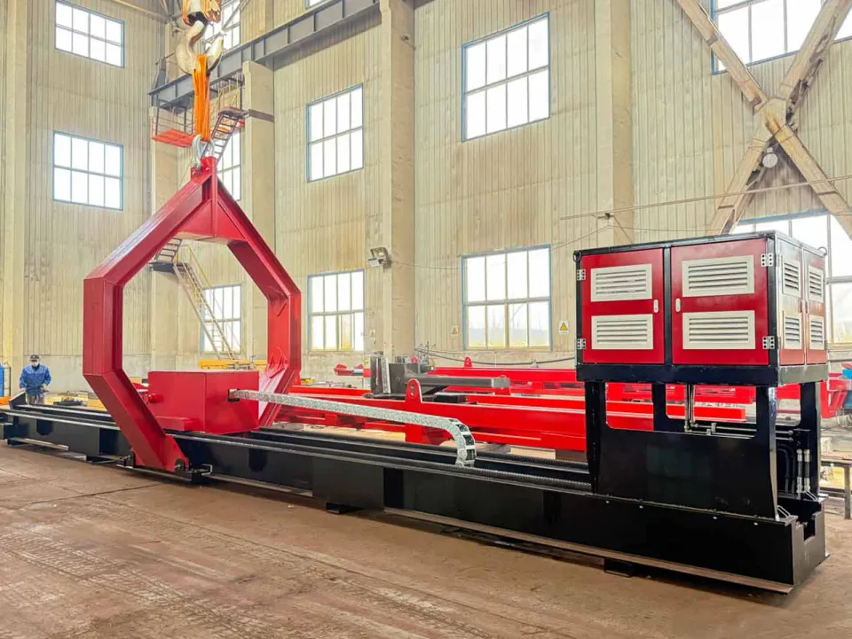 Completed red and black Qingwei diesel tube bundle extractor inside the workshop