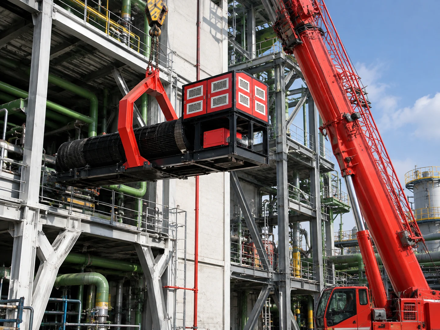 Diesel-hydraulic tube bundle extractor being lifted at an industrial facility